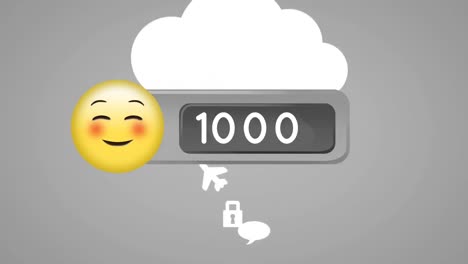 Animation-of-smiling-emoticon-and-increasing-numbers-over-technology-icons-on-grey-background