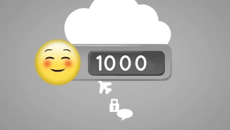 animación de emoticones sonrientes y números crecientes sobre iconos de tecnología en fondo gris