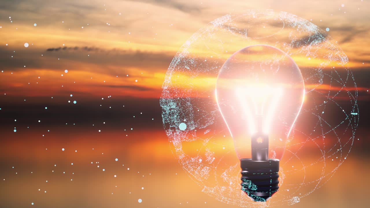 la bombilla eléctrica las conexiones brillantes en el fondo del atardecer. el concepto de la tecnología la innovación la inteligencia artificial la lluvia de ideas el éxito empresarial.