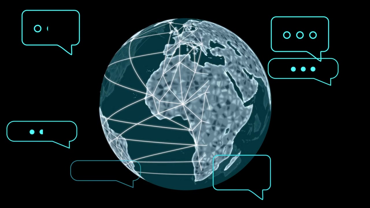 On load 3D globe rotating as nodes emerging and beams linking hubs, visualizing global chat bubbles