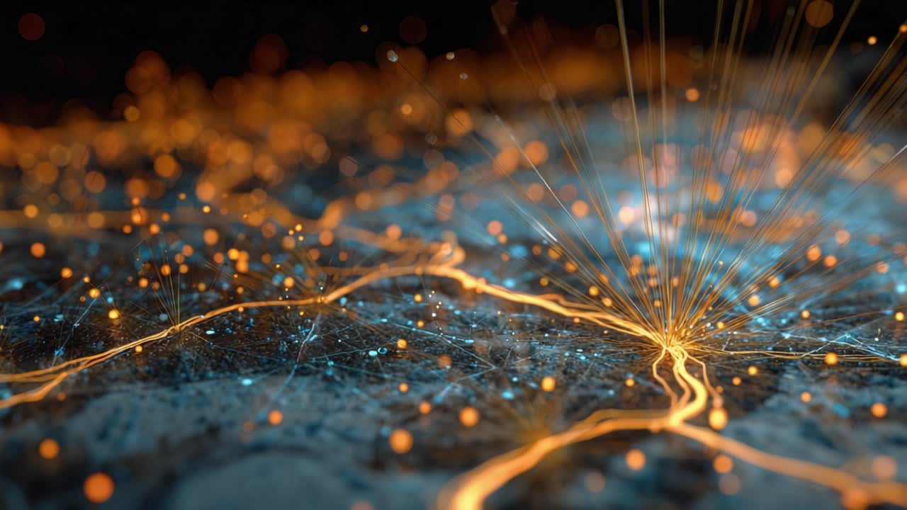 Glowing orange and blue particles form an intricate, futuristic network of nodes and synapses over a dark backdrop, conveying AI data flow, connections and digital communication
