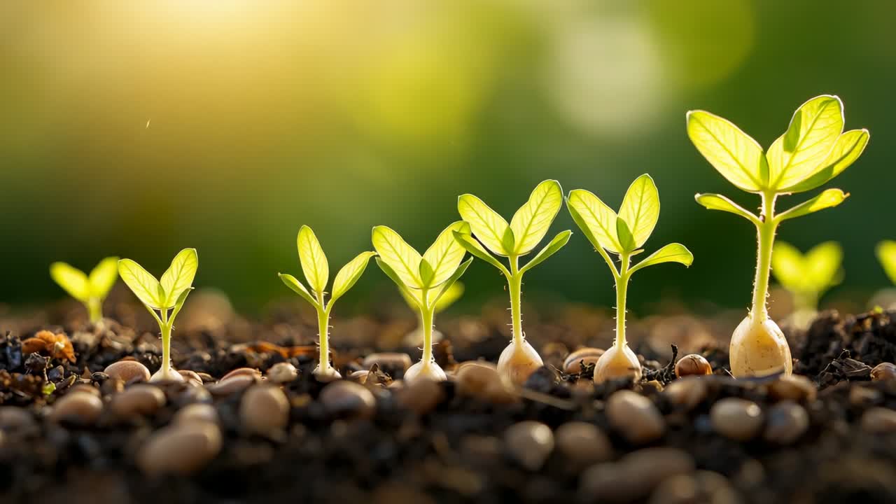 Shining sun warming garden bed soil, seeds sprouting splitting earth, growing leaves in dawn light