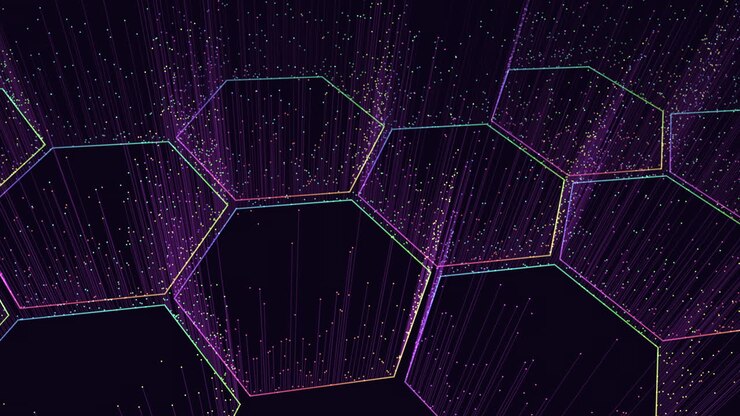 Motivo di esagoni al neon futuristici con piccoli punti e linee in movimento
