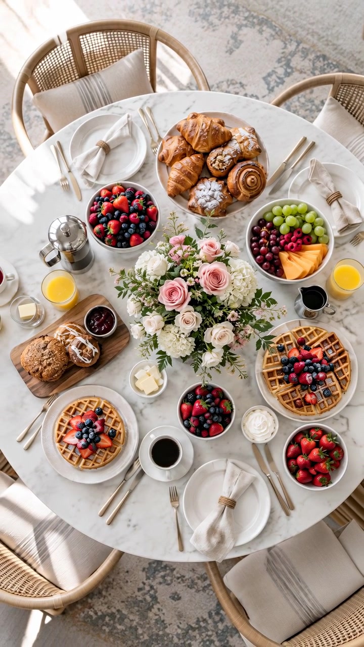 Top-down view moves gently over an elegant breakfast spread with berry-topped waffles, croissants, bowls of fresh fruit, drinks, tableware and floral centerpiece in soft natural light.