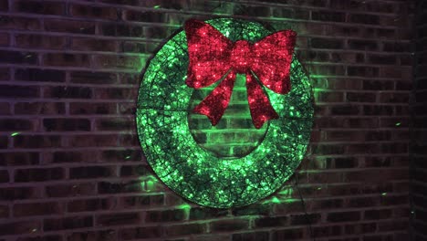 Beautiful-electronic-green-wreath-against-a-brown-wall,-Christmas-decoration