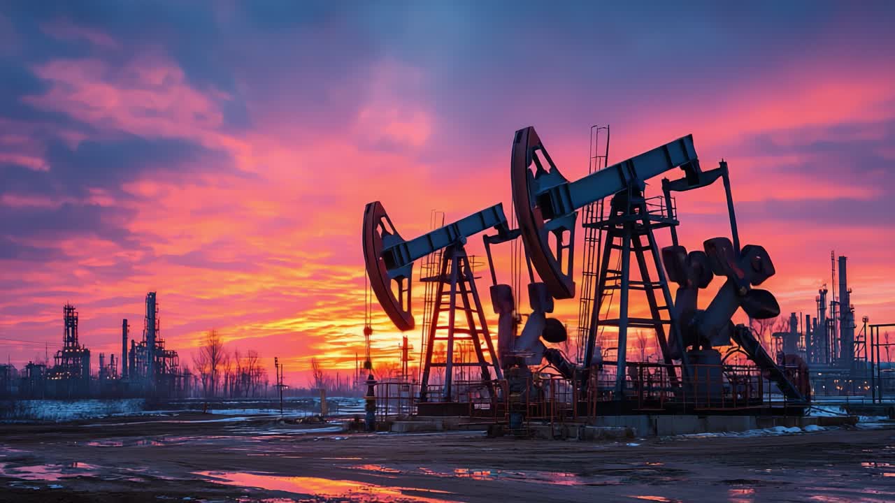 Petrol Platformları Üzerinde Muhteşem Gün Batımı: Alacakaranlıkta Doğa ve Endüstrinin Birleştiği Çarpıcı Bir Manzara, Su Üzerindeki Yansımalar ve Gökyüzünü Boyayan Canlı Renklerle.