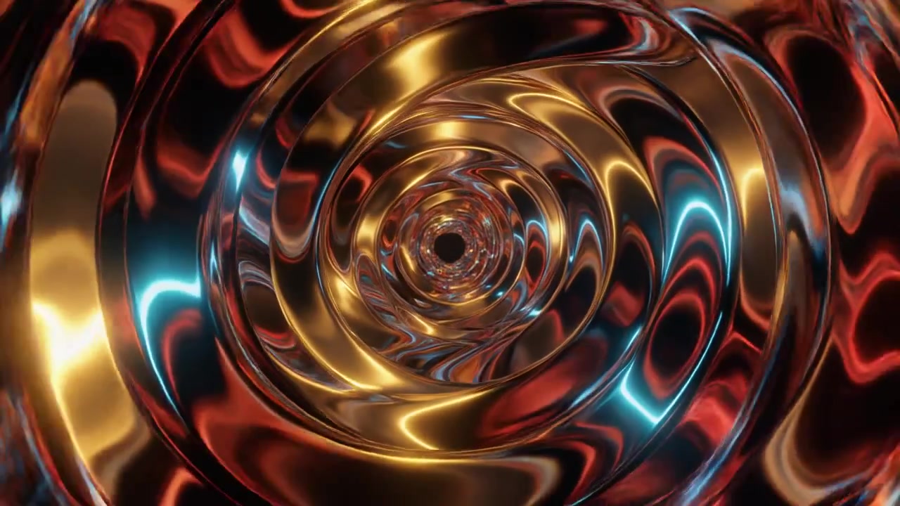 Animazione 3D astratta di tunnel in oro liquido e metallo blu