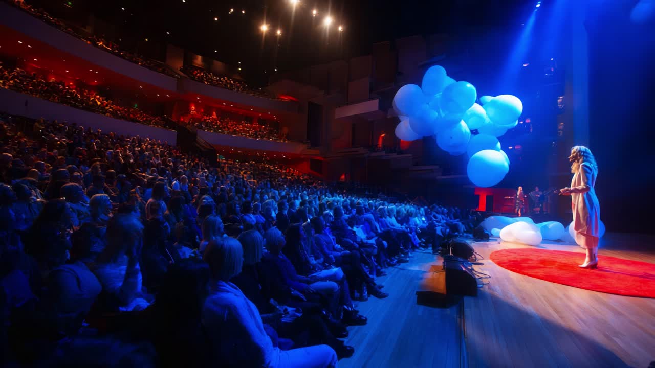 Engaging Speaker Illuminates Audience with Inspiring Presentation, Utilizing Creative Visuals and Dynamic Lighting, Captivating Attention in a Modern Auditorium Setting