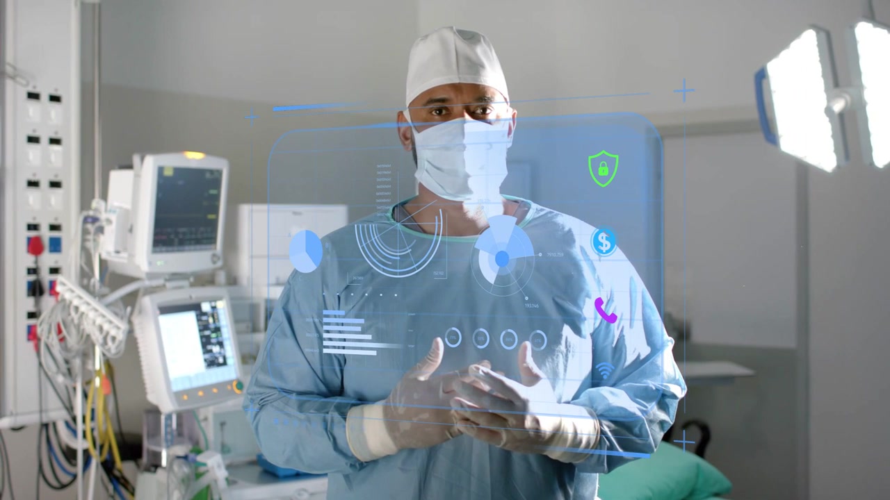 Male surgeon reacting to holographic UI over chest, gesturing and adjusting gloves guiding surgery