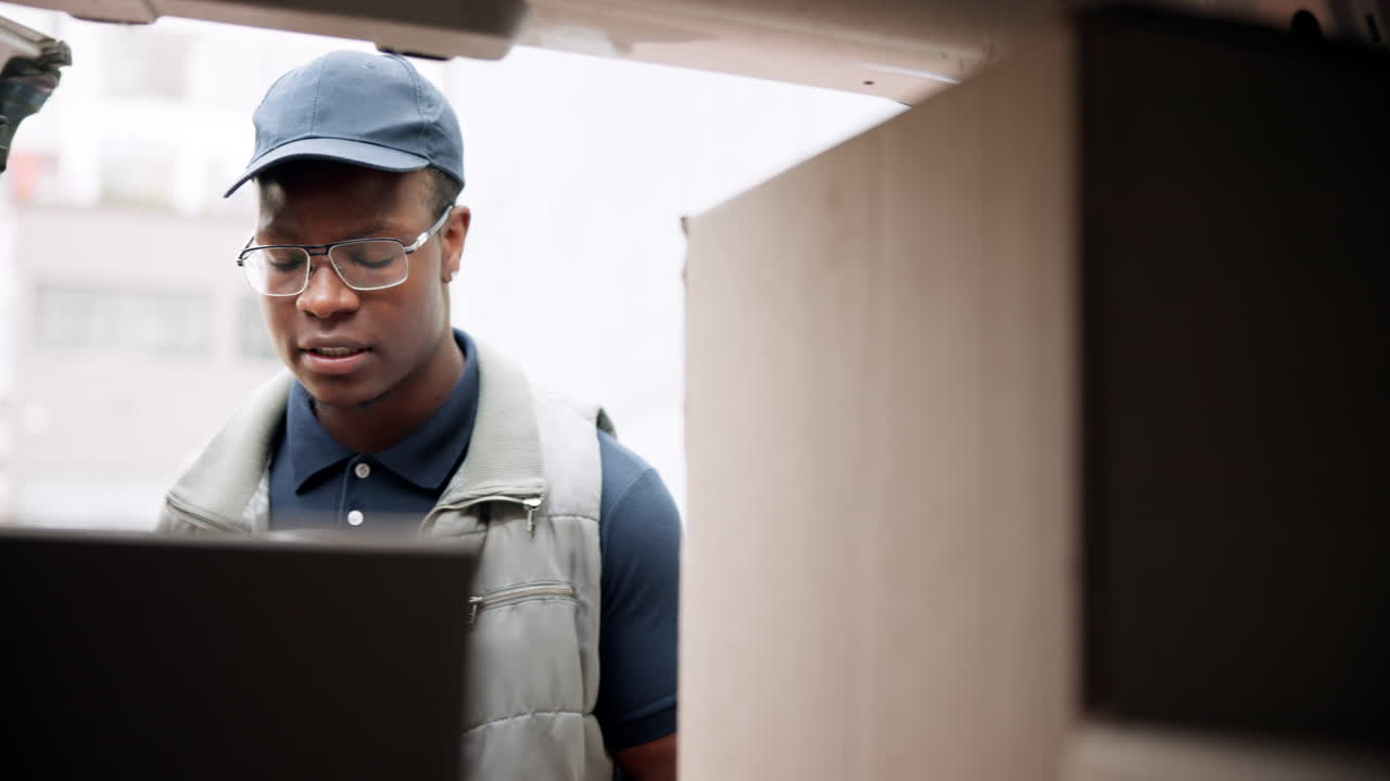 Delivery Driver Checking Boxes in a Van