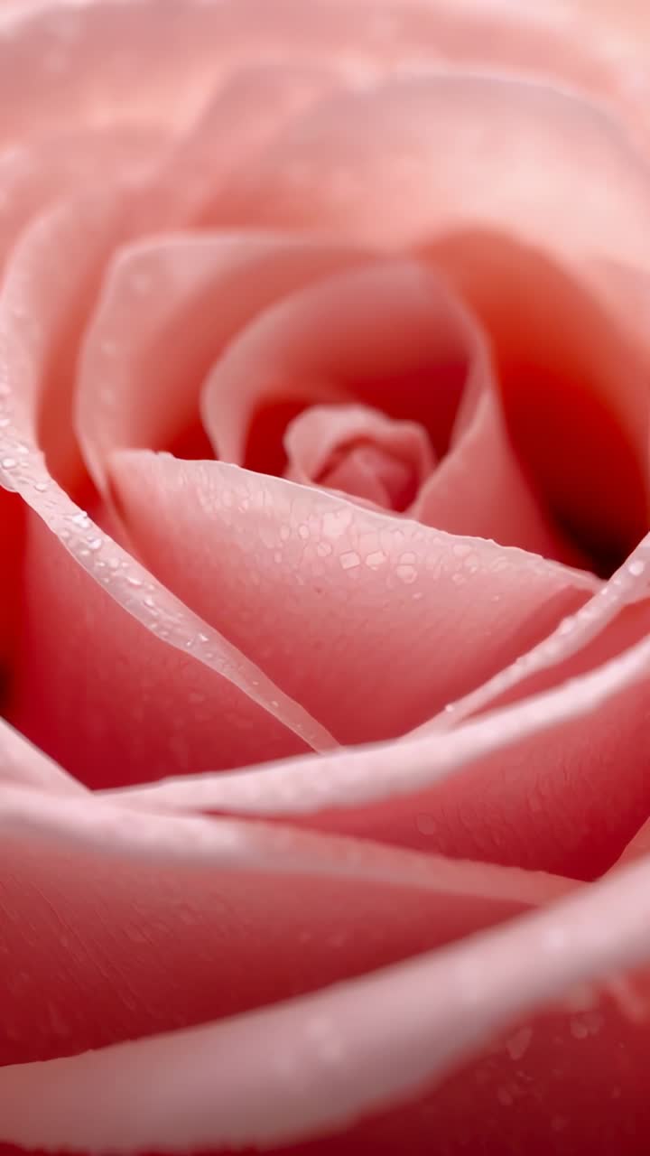 Video verticale: la camera si avvicina a un bocciolo di rosa rosa in un macro frame, rivelando le goccioline centrali