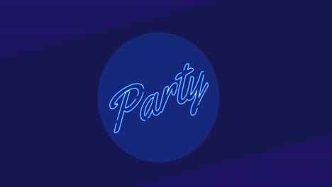 animation of neon party text over blue background