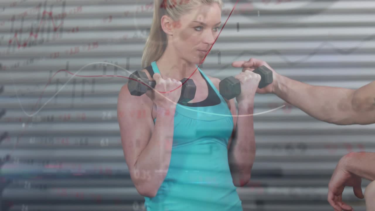 Fitness client performing bicep curls upon trainer entry guiding proper form with graph overlay