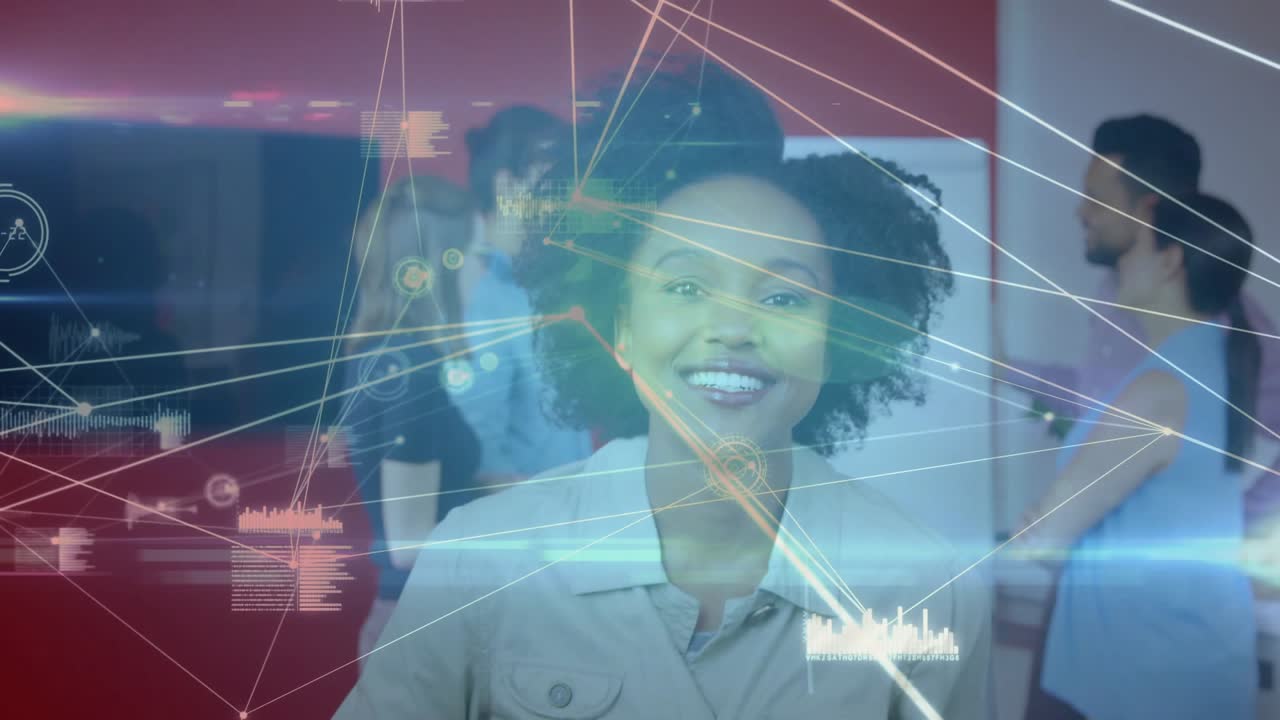 Woman tapping tablet showing business data graphics for planning as colleagues join discussion