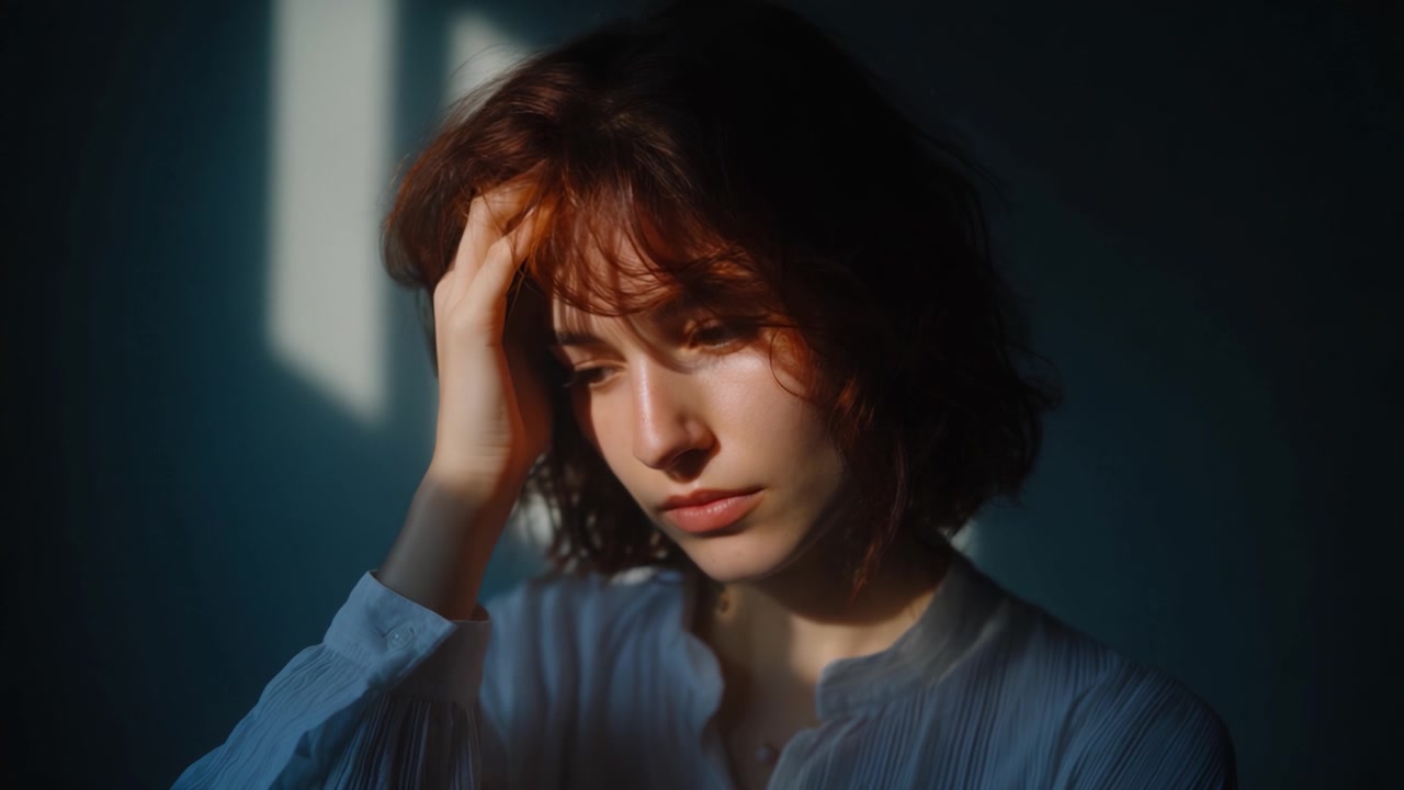 A Woman in Contemplation: Exploring Emotions in a Shadowy Room During Late Afternoon with Soft Light Highlighting Her Thoughtful Expression and Mood