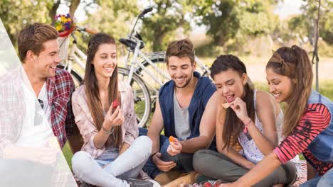 Animation-of-picnic-text-in-red-letters-over-smiling-diverse-friends-having-picnic-in-park