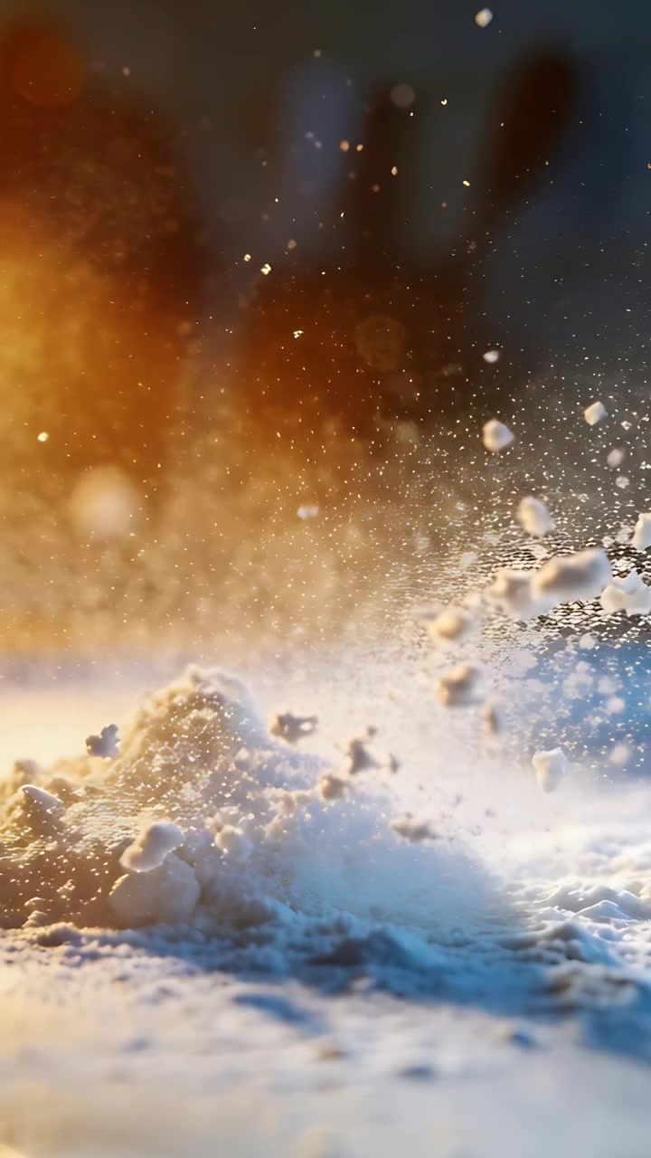 Video verticale: Polvere che si disperde sollevando grumi, lanciando polvere sul tavolo, retroilluminazione arancione e blu.