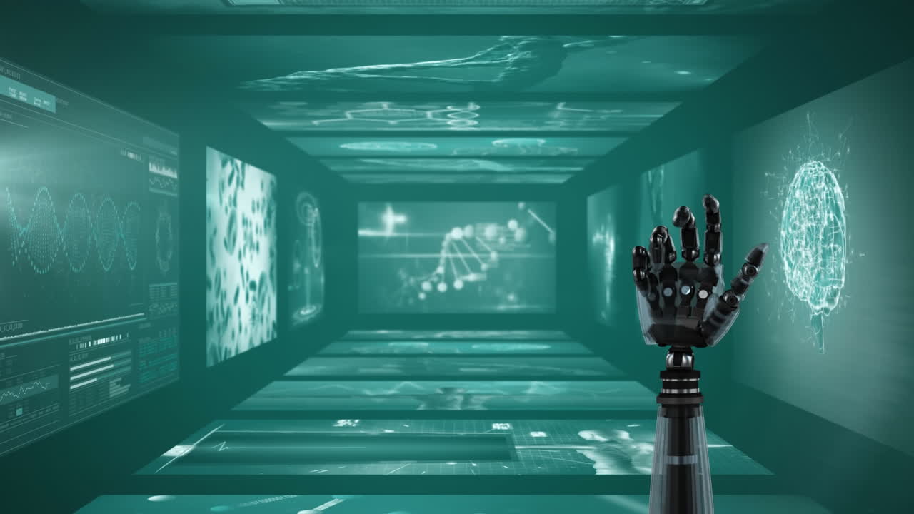 video generado digitalmente de la mano robótica y el procesamiento de datos médicos