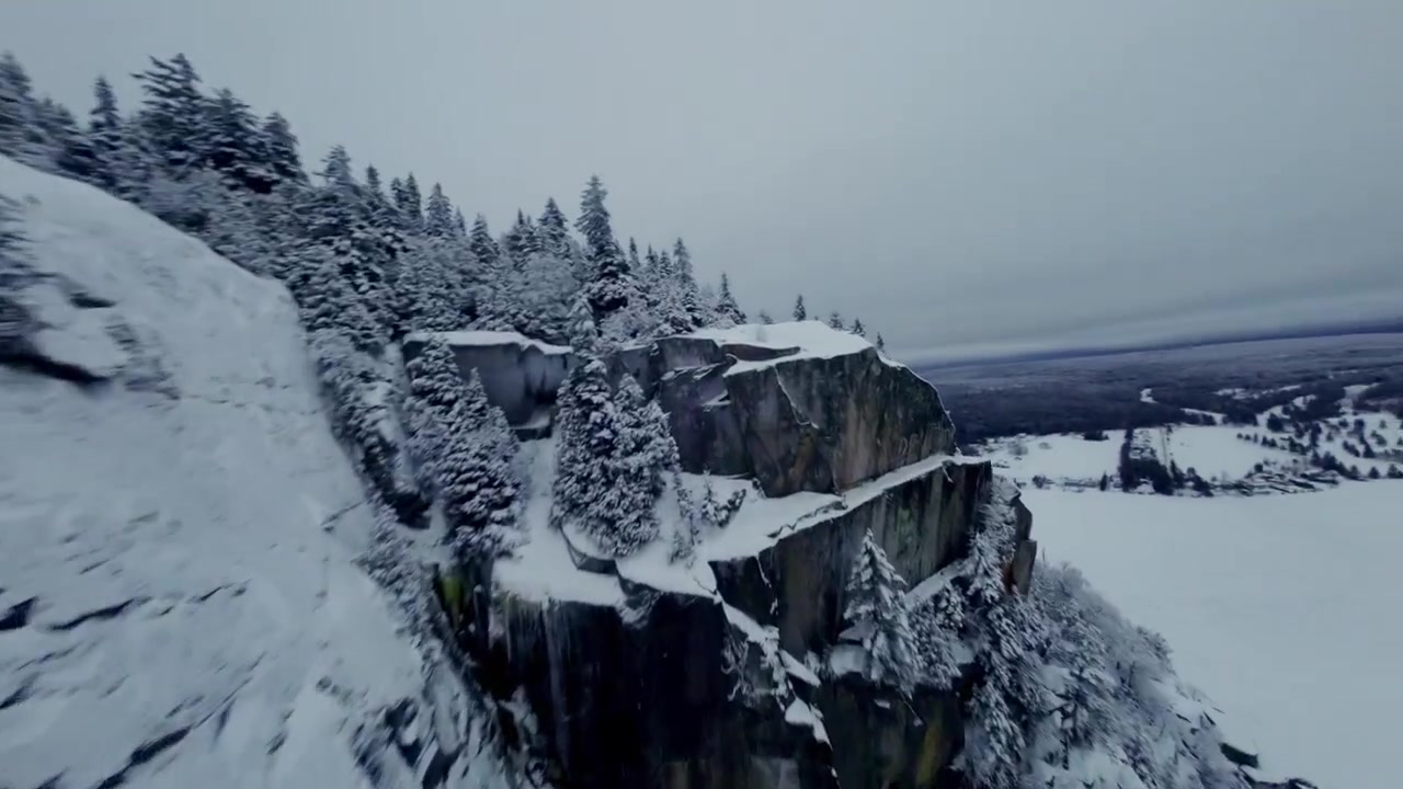 FPV-drone kohoaa tiheän, lumipeitteisen havumetsän yllä harmaan taivaan alla.