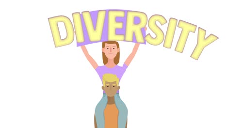 diverse couple with banner on white background, 2d animation
