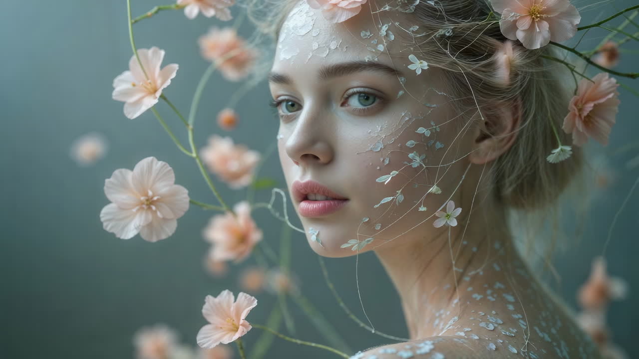 Ethereal Portrait of a Woman with Blossoming Flowers