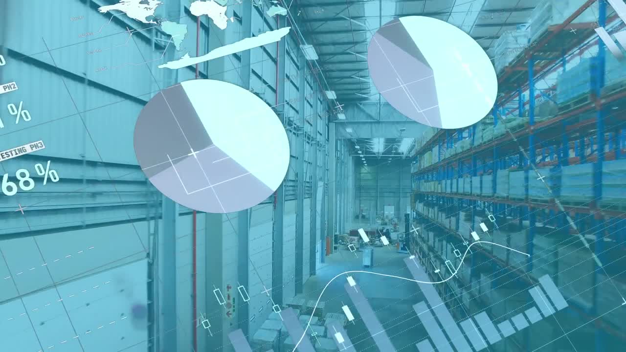 배경에 있는 창고의 공중 시야에 대한 인포그래픽 인터페이스의 애니메이션