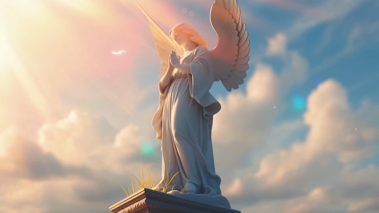Low-angle video of a serene angel statue against a vibrant sky, capturing divine tranquility