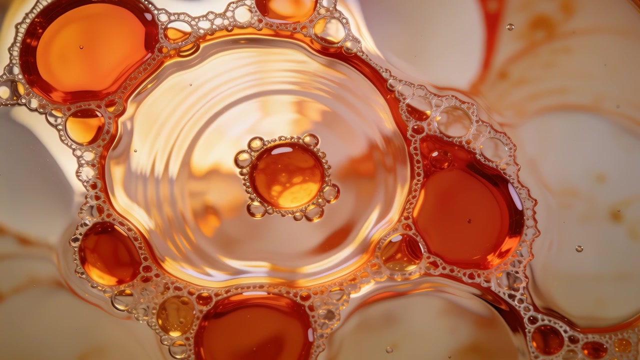 Goccia ambrata centrale increspata che ondeggia su un piattino dopo la perturbazione iniziale, con un anello di bolle.