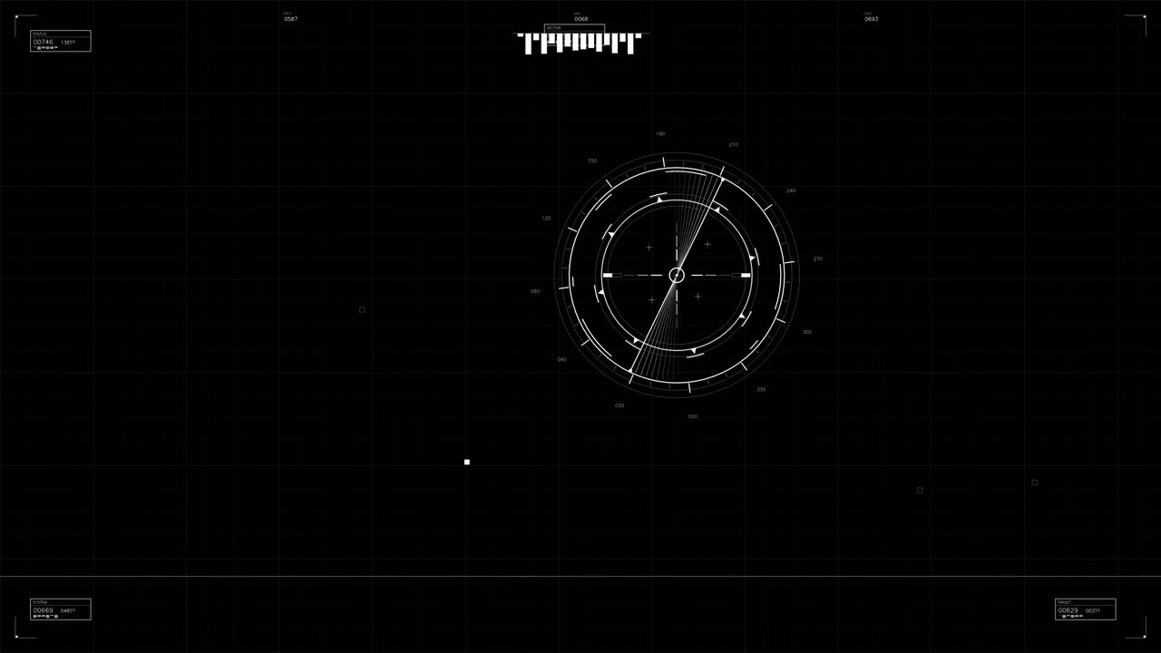 This stock footage shows a military graphic user interface with radar and data display elements. It can be used in science fiction production to depict advanced technology in action