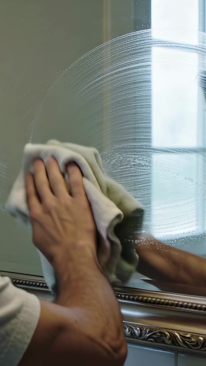 Vertical video: Placing folded cloth, man's arm wiping mirror at bathroom vanity, removing residue