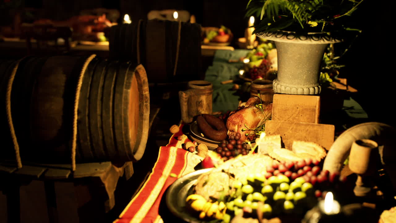 A festive spread of assorted food and drinks arranged on a rustic table