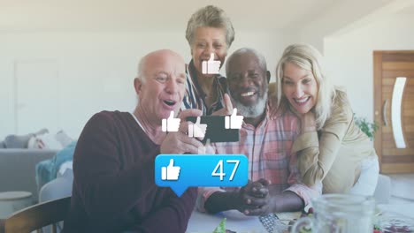 animation of media icons over diverse group of seniors taking selfie