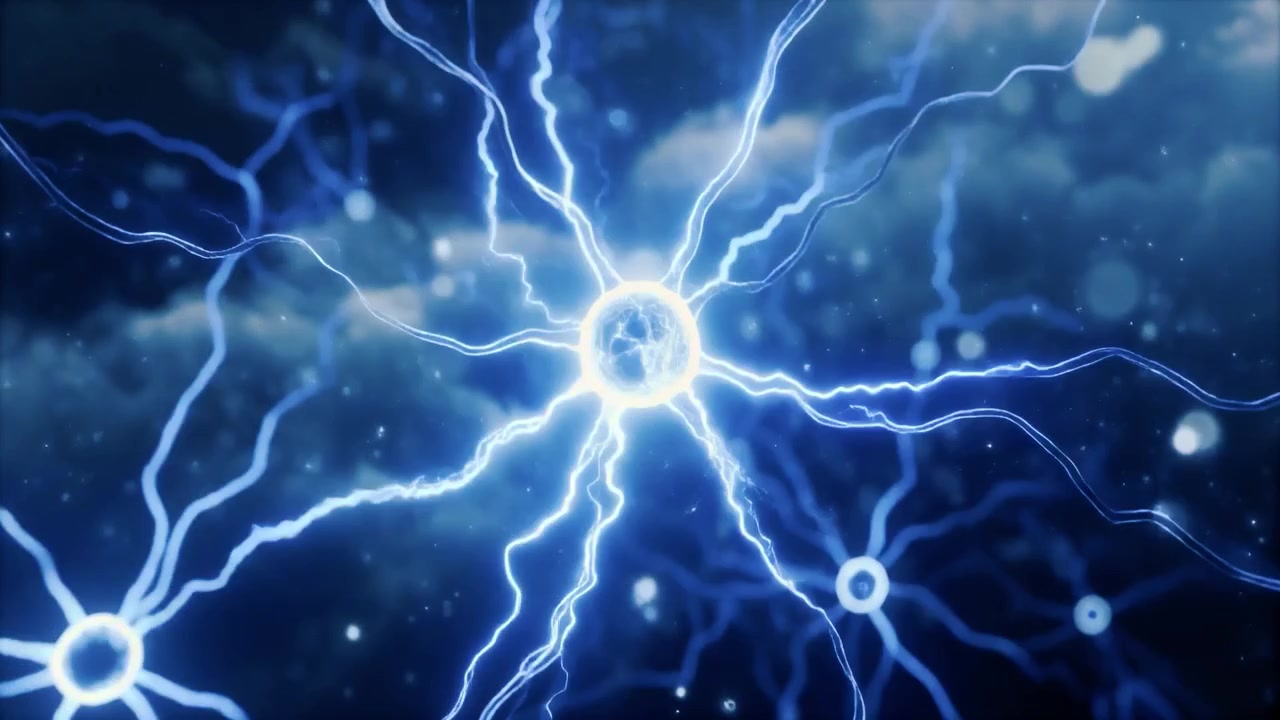 Abstract Neural Network Connection with Glowing Blue Electrical Pulses