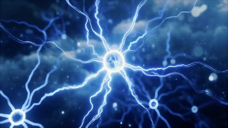 Abstract Neural Network Connection with Glowing Blue Electrical Pulses