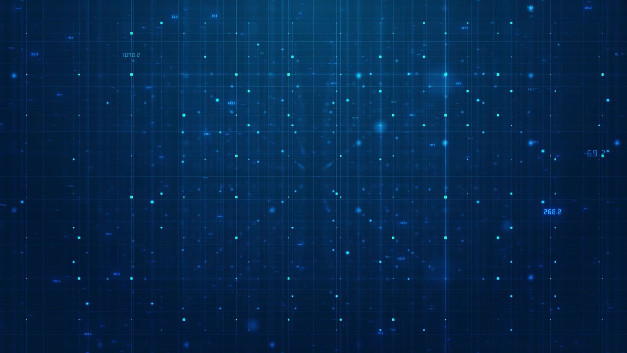 Blue digital grid rain background with falling vertical lines glowing square particles faint numbers
