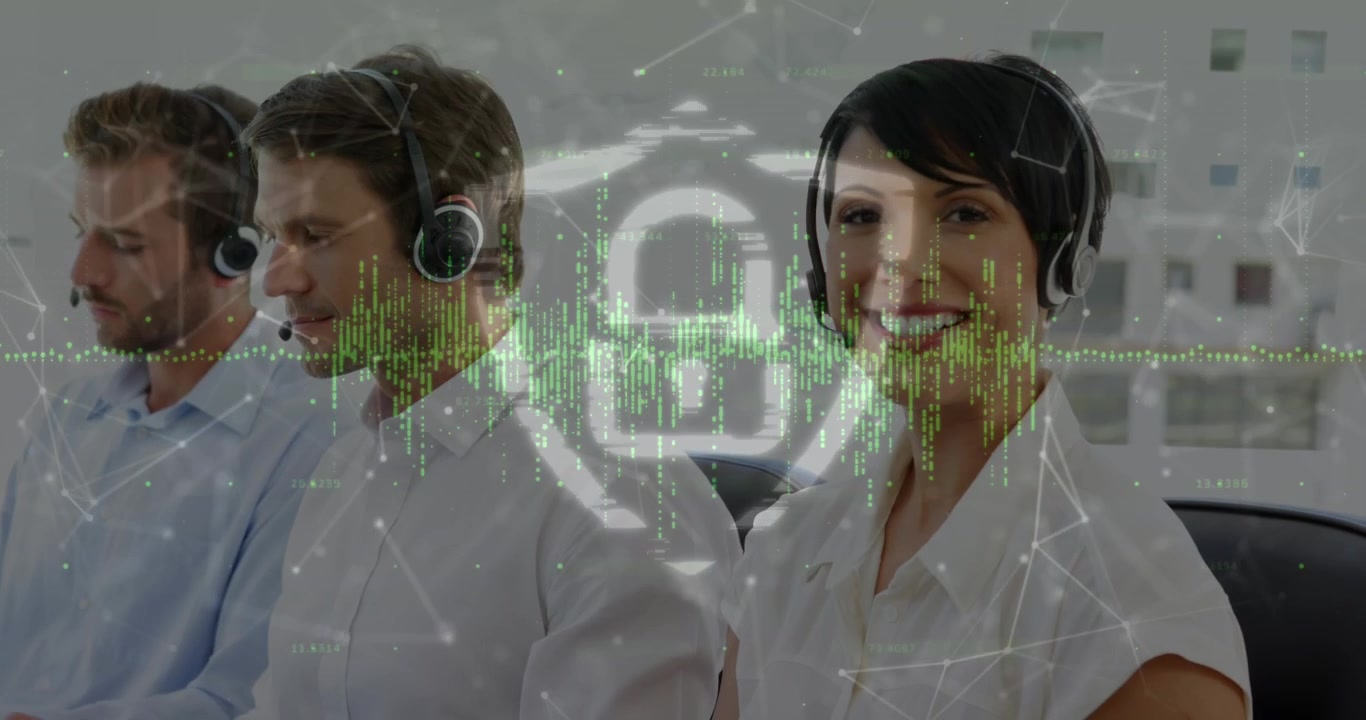 Animazione di lucchetto di sicurezza e rete di connessioni su persone d'affari.