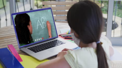 estudiante caucásica con máscara facial usando una computadora portátil en una videollamada con una maestra