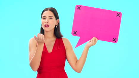 burbuja de habla, cara y mujer soplando beso
