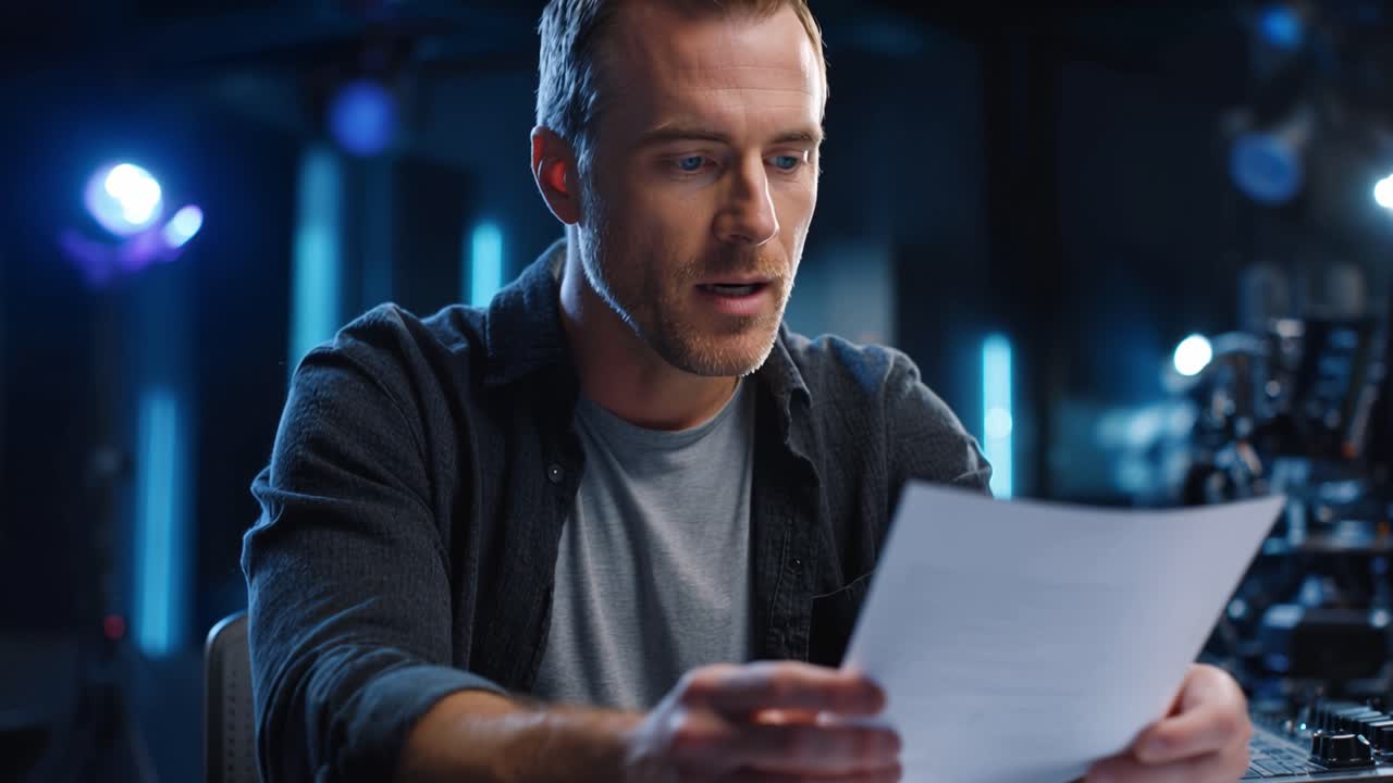 Man holds paper, focused, in dimly lit studio. Blue lights glow behind him, casting soft shadows. He seems thoughtful, perhaps reviewing a script or plan. Ideal for creative, behind-the-scenes