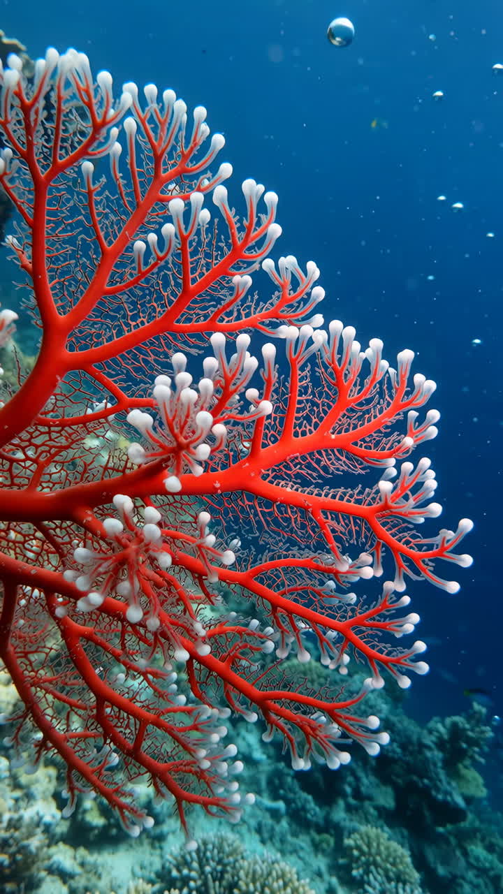 Karang Gorgonian Merah Menyala di Bawah Air dengan Polip Putih