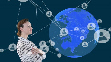 animation of a caucasian woman rubbing hands over a globe and a web of connections with social icons