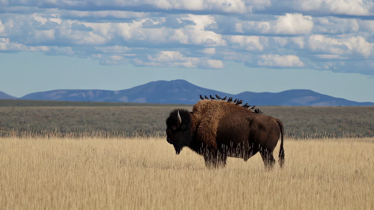 American Bison with Birds on its Back in a Grassy Field