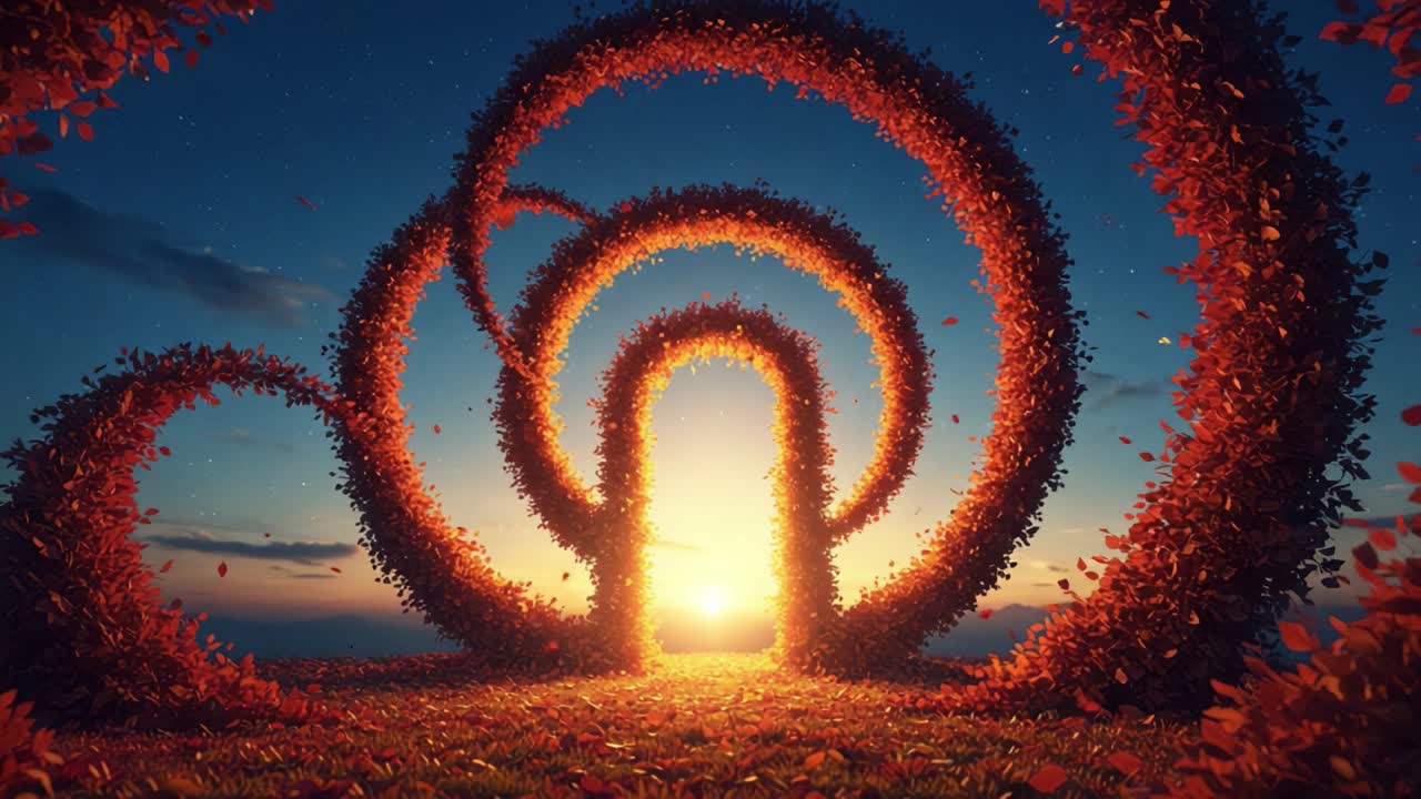 A Breathtaking Sunset Through Majestic Spiral Trees, Framed by Vibrant Autumn Leaves Creating an Enchanting Pathway Leading to Tranquility and Serenity