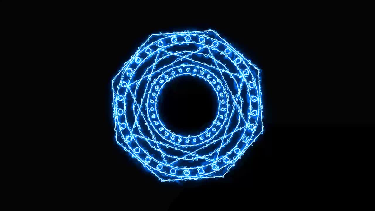 육각형 화력은 강력한 파란 마법 원을 둘러싸고 압도적입니다.