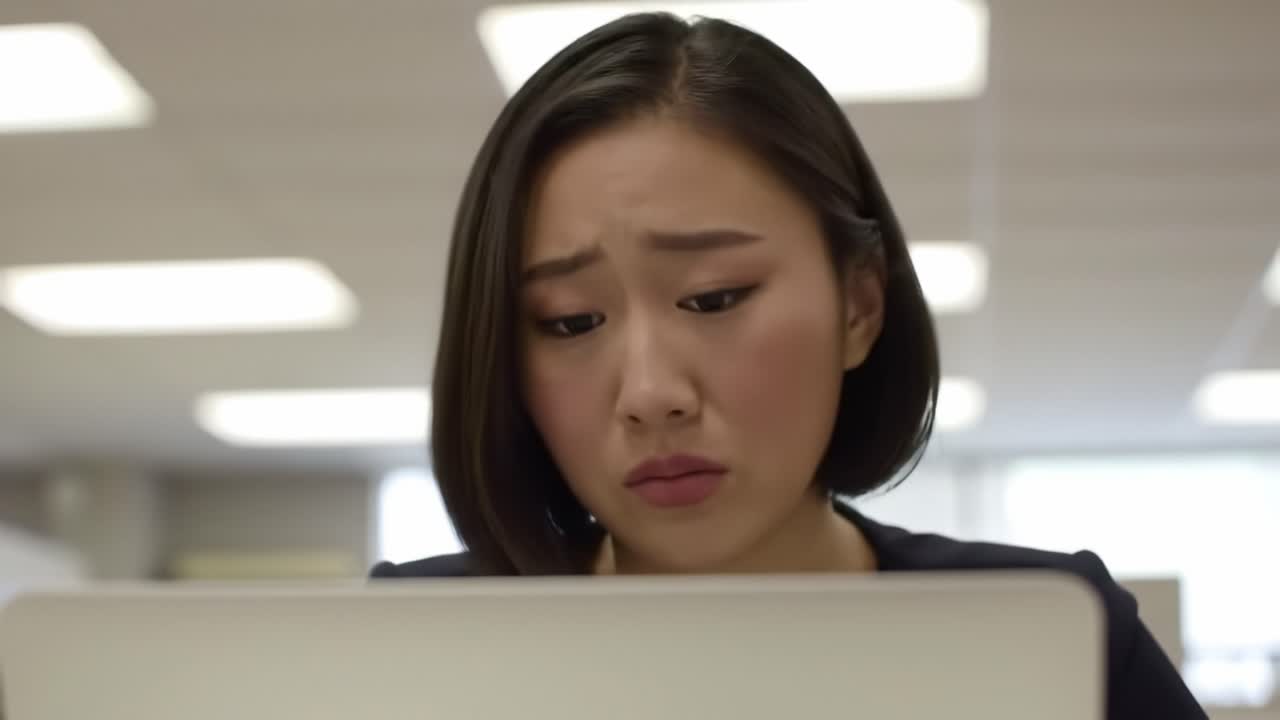 A young woman sits at a desk, intensely focused on her laptop. She shows signs of stress or concern as she reviews information. The setting appears to be a modern workspace.