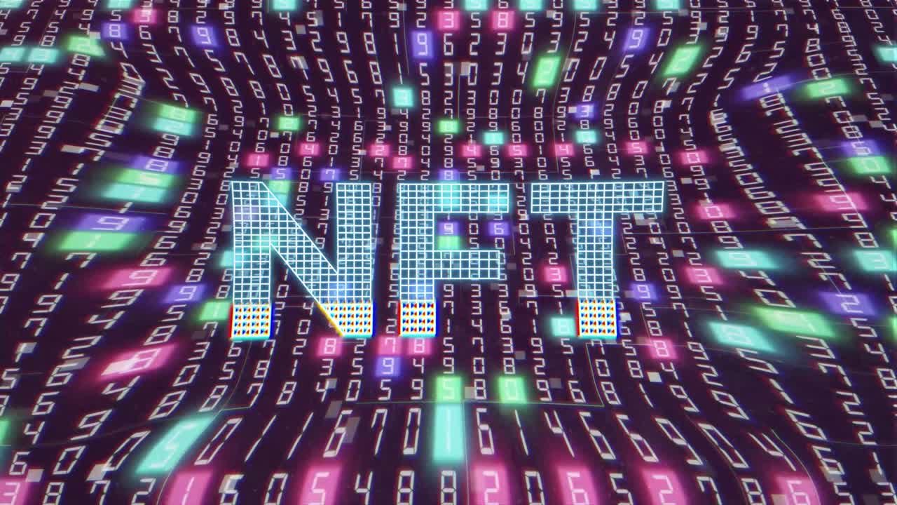 Holographic Neon NFT Inscription On Hexadecimal Digital Code Background. NFT Cryptoart Concept. Abstract Futuristic Background. 4K