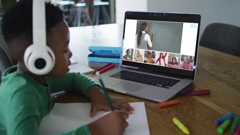 Composite-video-of-boy-using-laptop-with-screens-of-diverse-class-and-teacher-in-online-lesson