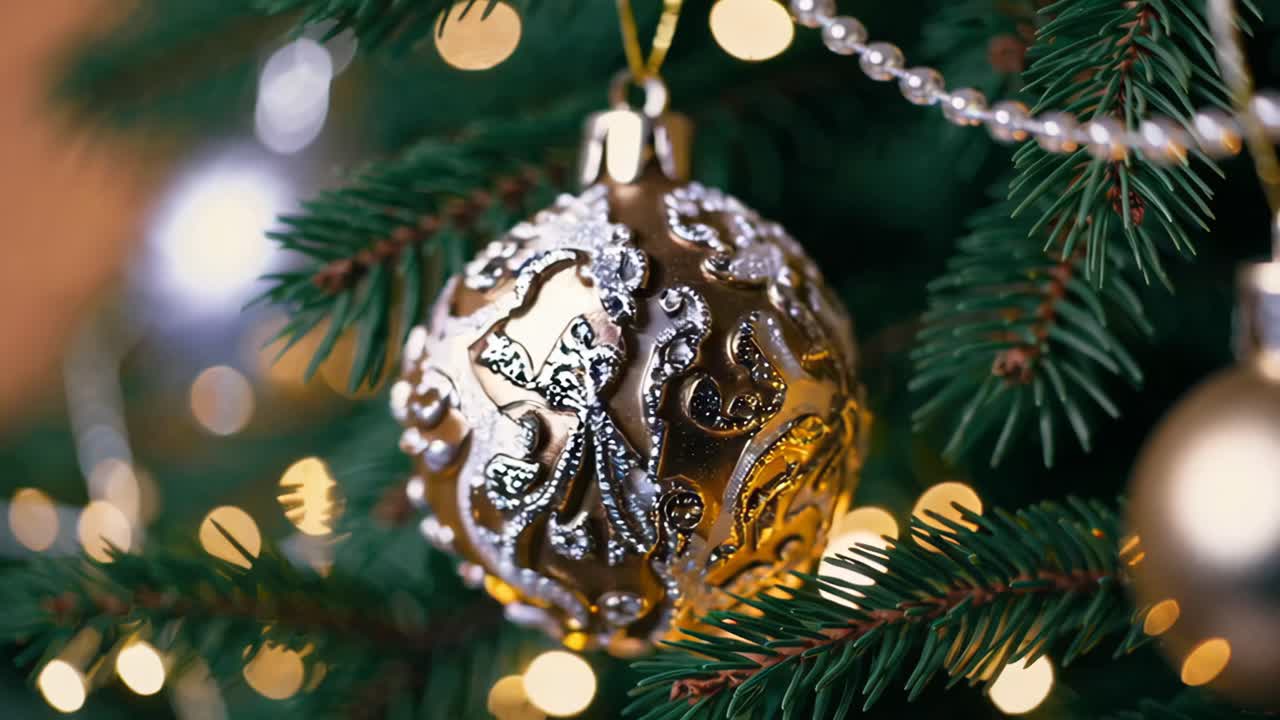Close-up video of a festive Christmas ornament on a tree, capturing intricate details and warm