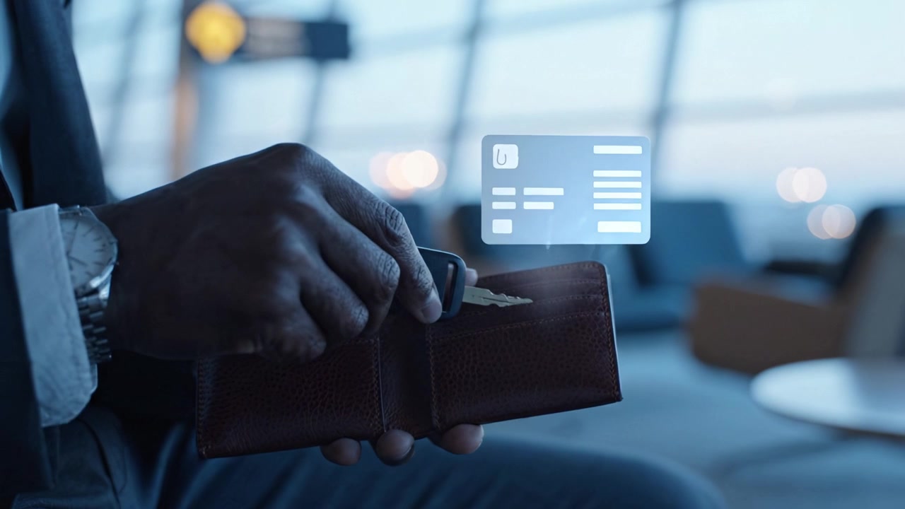 An individual in an airport lounge holds a car key beside an open wallet, surrounded by modern seating and ambient lighting in the background.