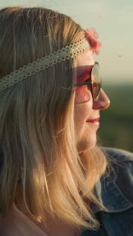 una mujer con una chaqueta de vaqueros y gafas de sol ajusta su cabello mientras sonríe en un campo abierto, tiene una cinta para la cabeza